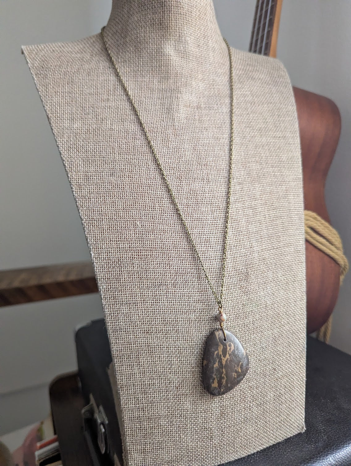 Brown Portoro Marble Brass Long Necklace