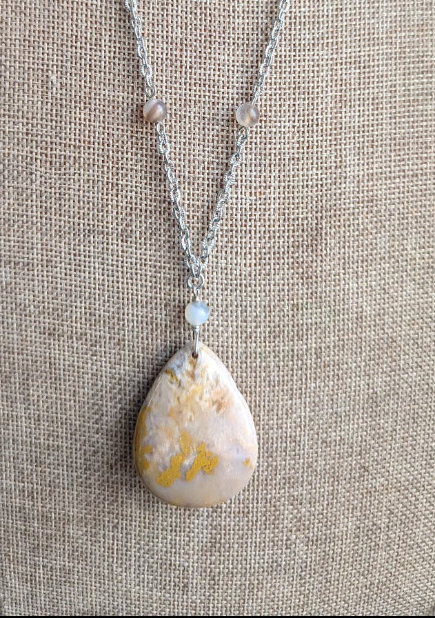 Fossilized Coral and Agate Beaded SIlver Necklace