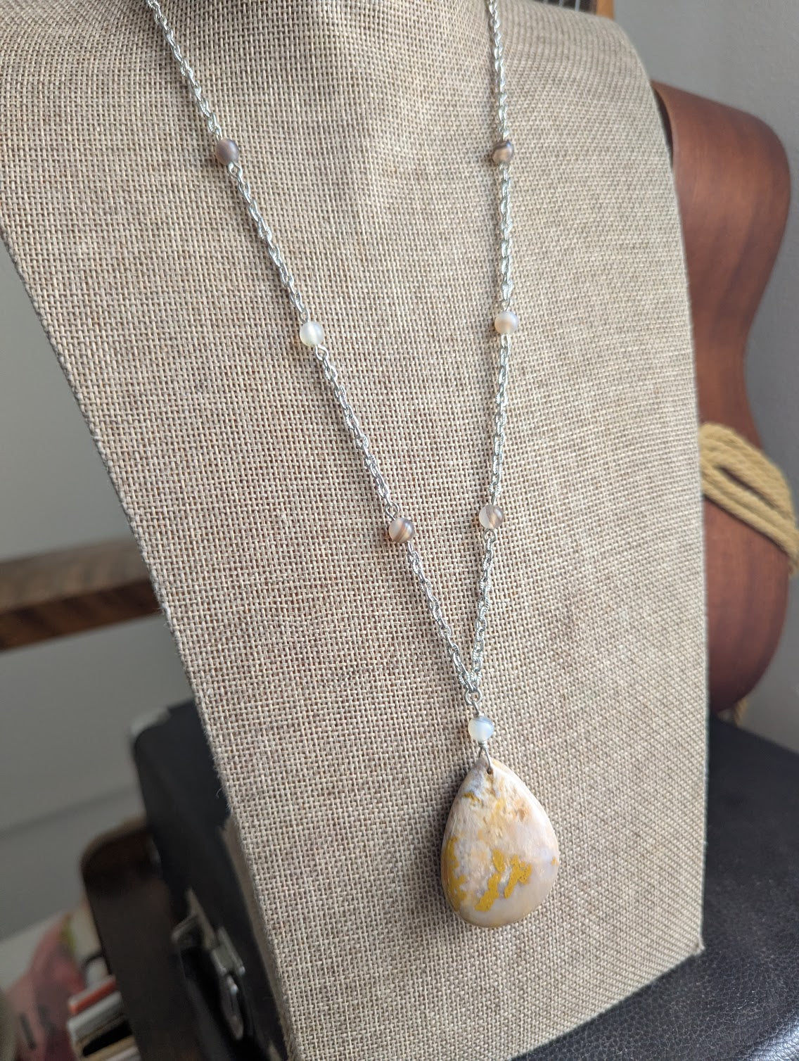 Fossilized Coral and Agate Beaded SIlver Necklace