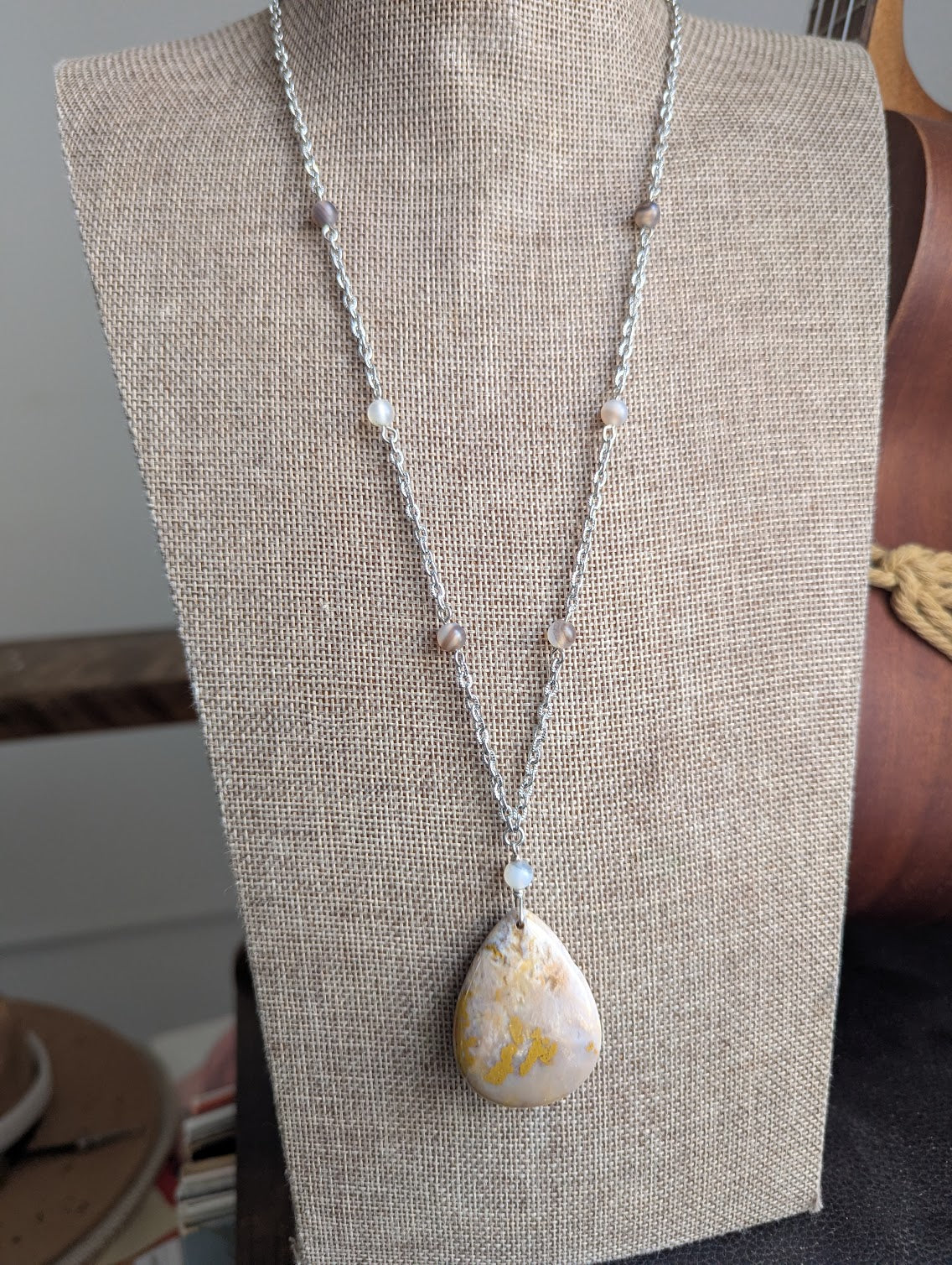 Fossilized Coral and Agate Beaded SIlver Necklace