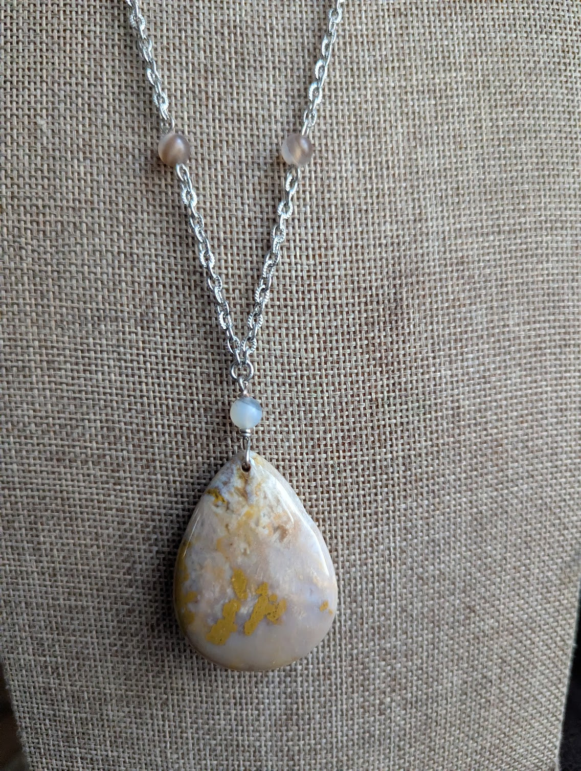 Fossilized Coral and Agate Beaded SIlver Necklace