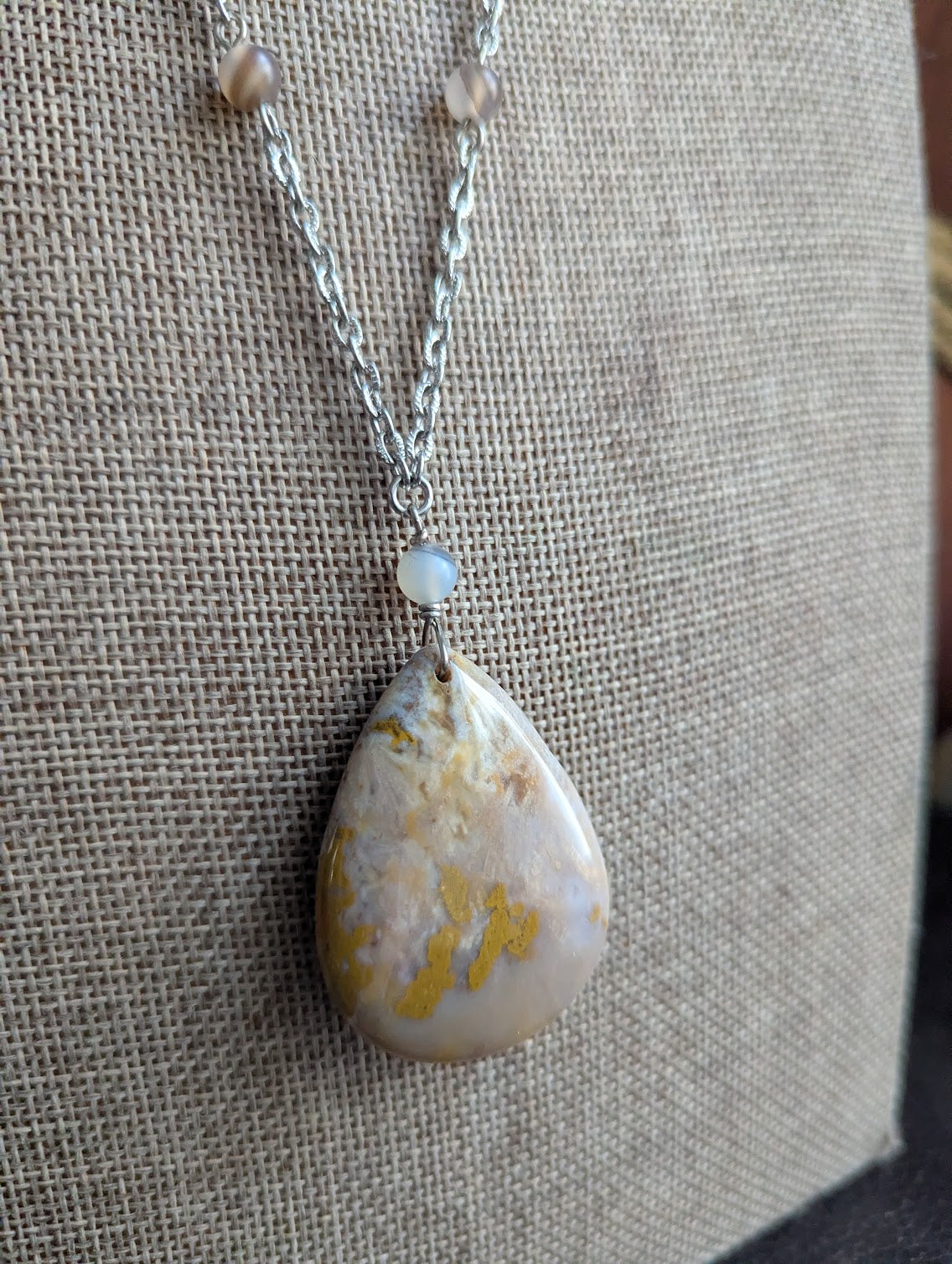 Fossilized Coral and Agate Beaded SIlver Necklace