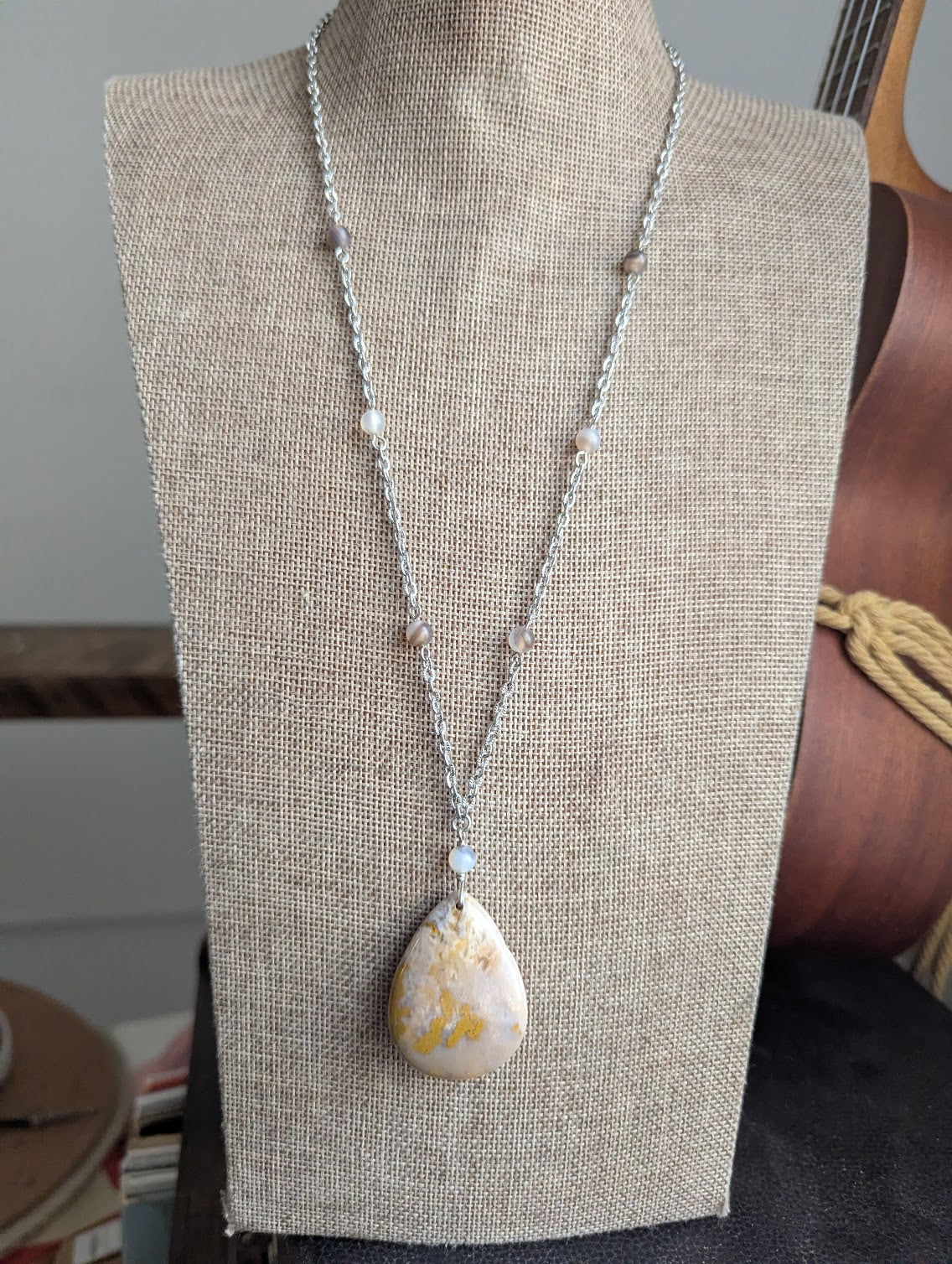 Fossilized Coral and Agate Beaded SIlver Necklace