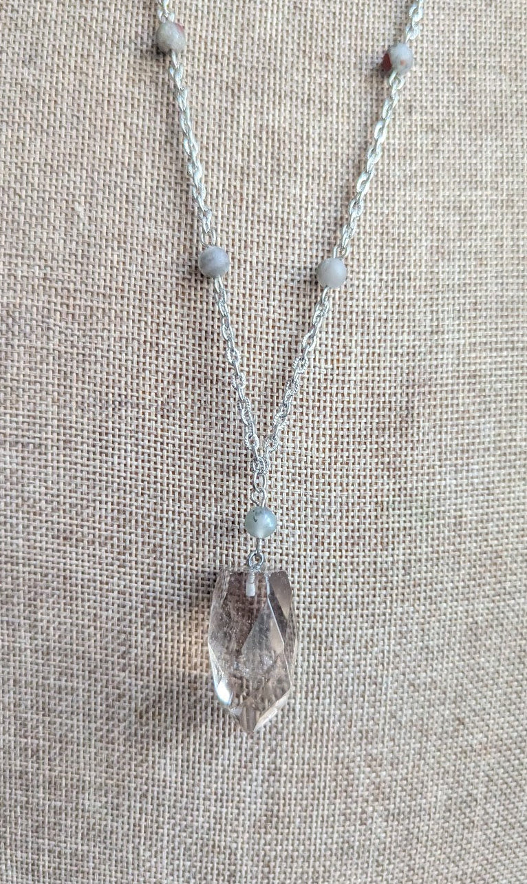 Smokey Quartz Faceted Point and Beaded Bloodstone Silver Necklace