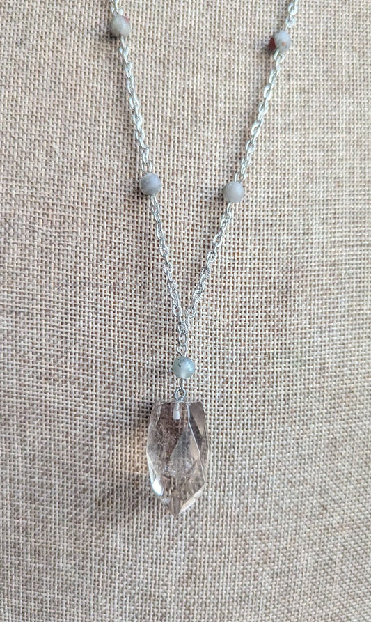 Smokey Quartz Faceted Point and Beaded Bloodstone Silver Necklace