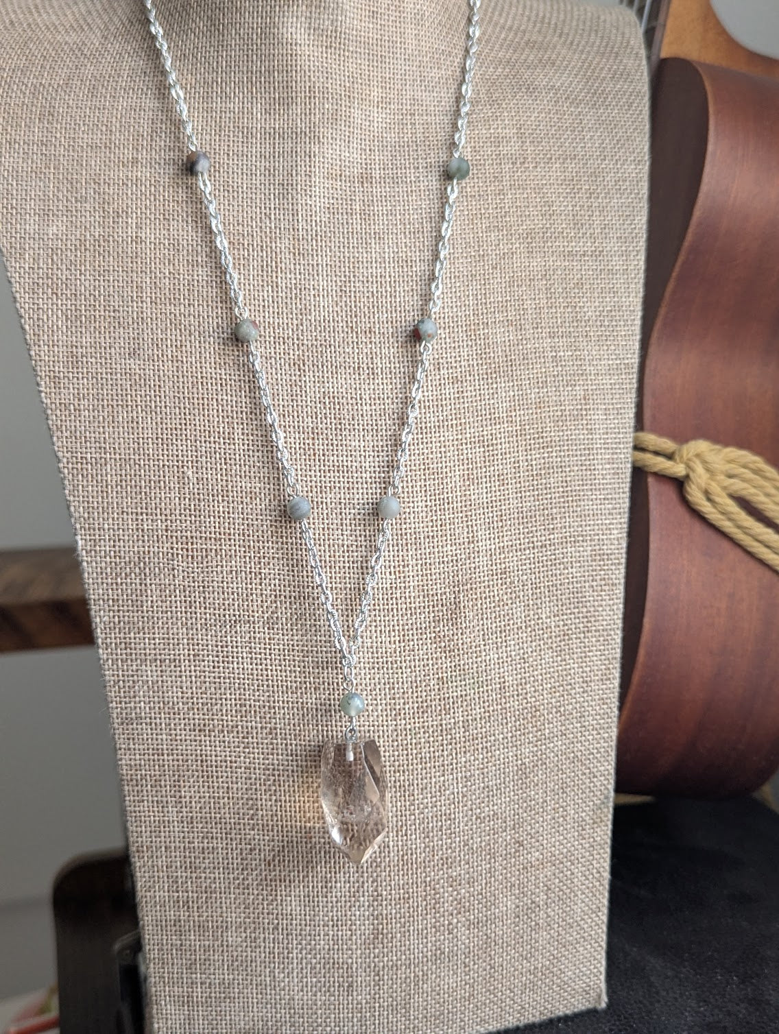 Smokey Quartz Faceted Point and Beaded Bloodstone Silver Necklace