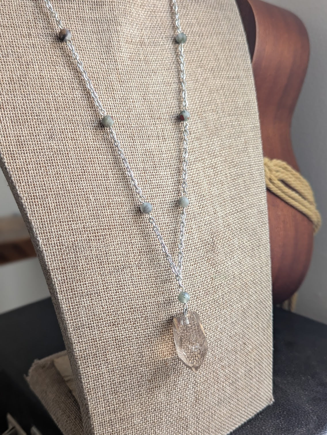 Smokey Quartz Faceted Point and Beaded Bloodstone Silver Necklace