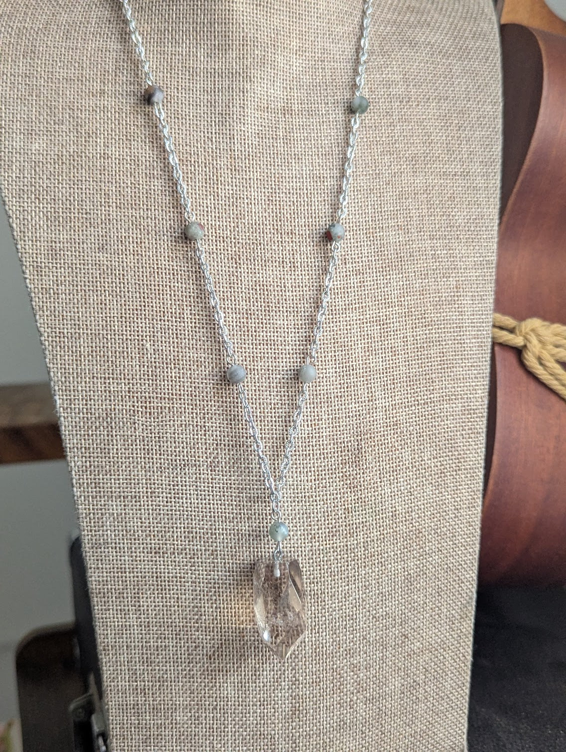 Smokey Quartz Faceted Point and Beaded Bloodstone Silver Necklace