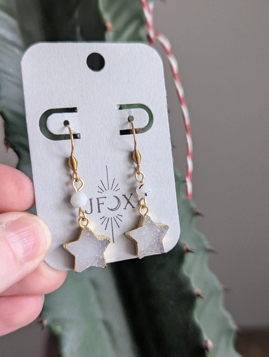 White Druzy Star Moonstone Gold Earrings