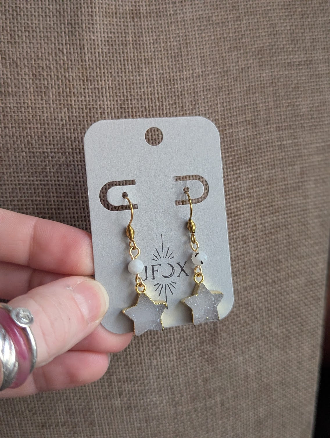 White Druzy Star Moonstone Gold Earrings