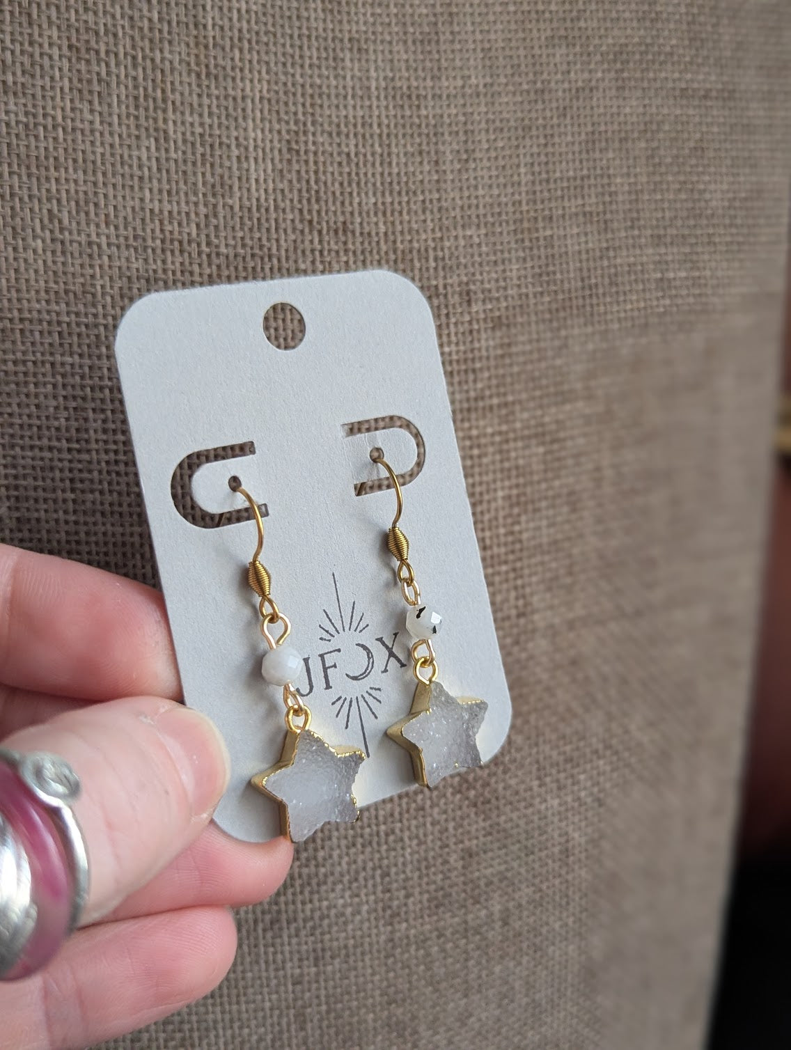 White Druzy Star Moonstone Gold Earrings