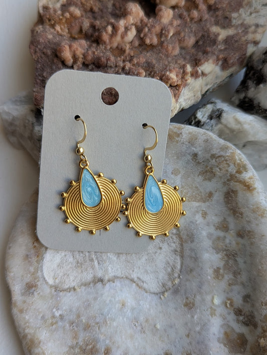 Sunburst Turquoise Enamel Gold Earrings