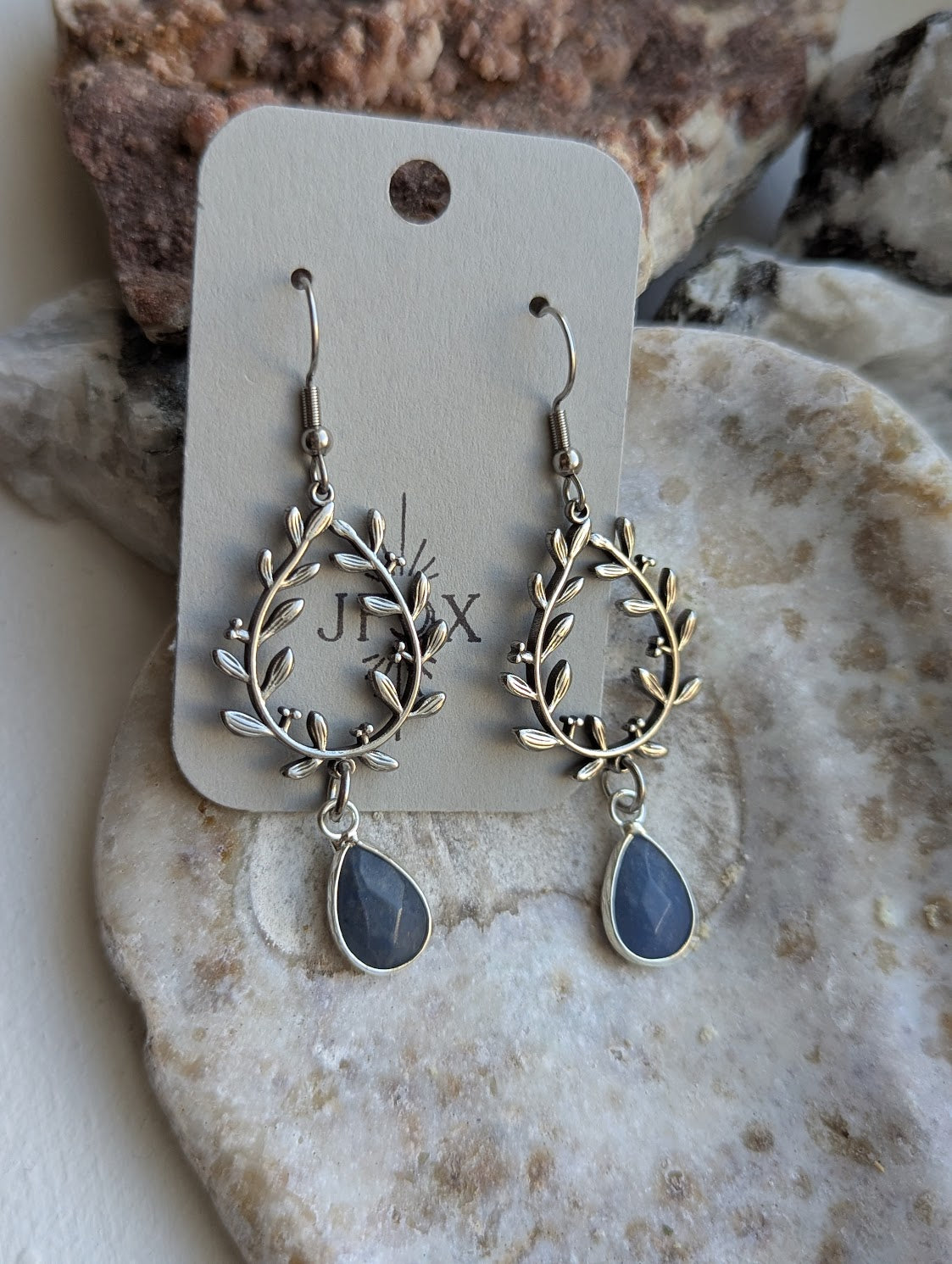 Silver Laurel Wreath Tear Drop Earrings (Labradorite or Lapis Lazuli)