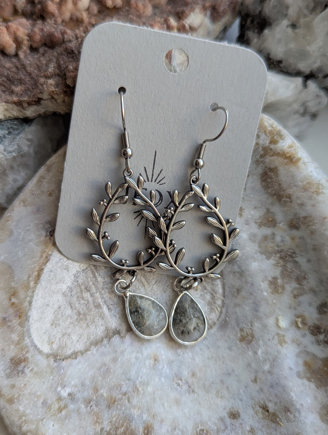 Silver Laurel Wreath Tear Drop Earrings (Labradorite or Lapis Lazuli)