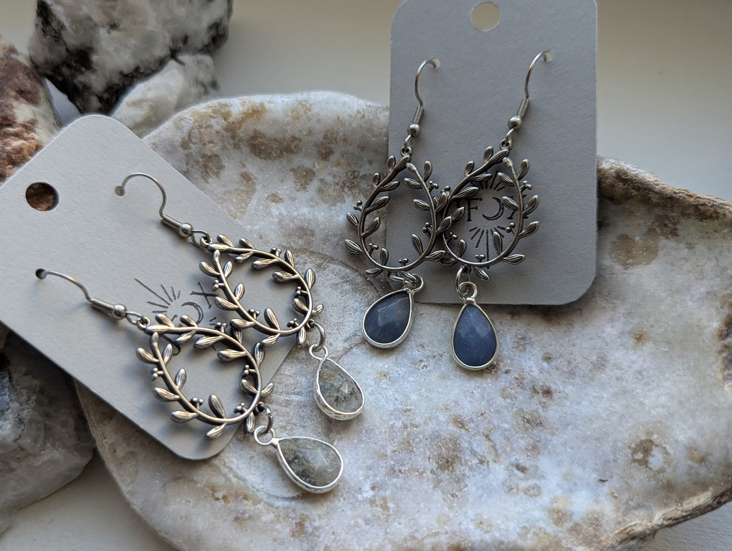 Silver Laurel Wreath Tear Drop Earrings (Labradorite or Lapis Lazuli)
