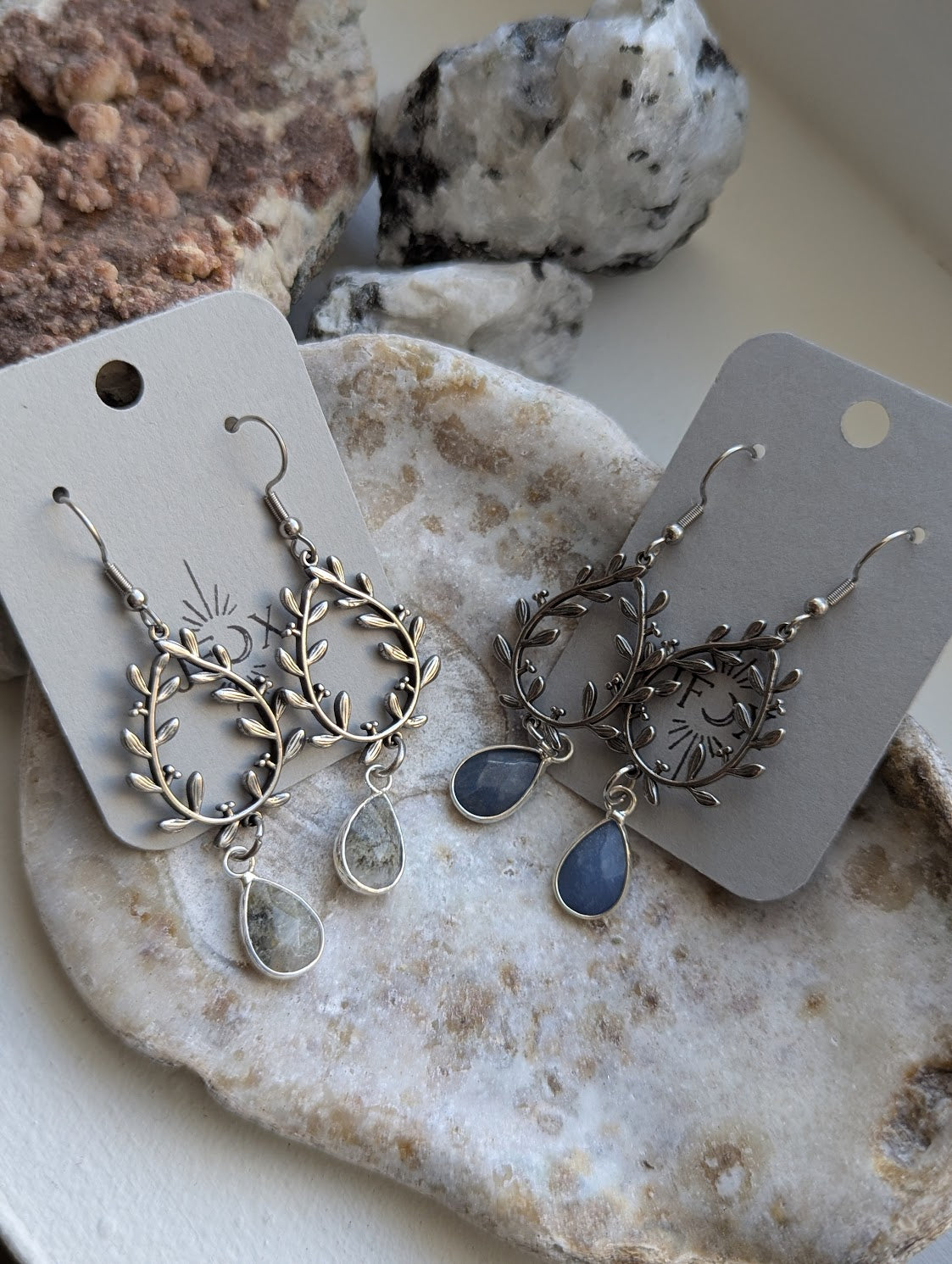 Silver Laurel Wreath Tear Drop Earrings (Labradorite or Lapis Lazuli)