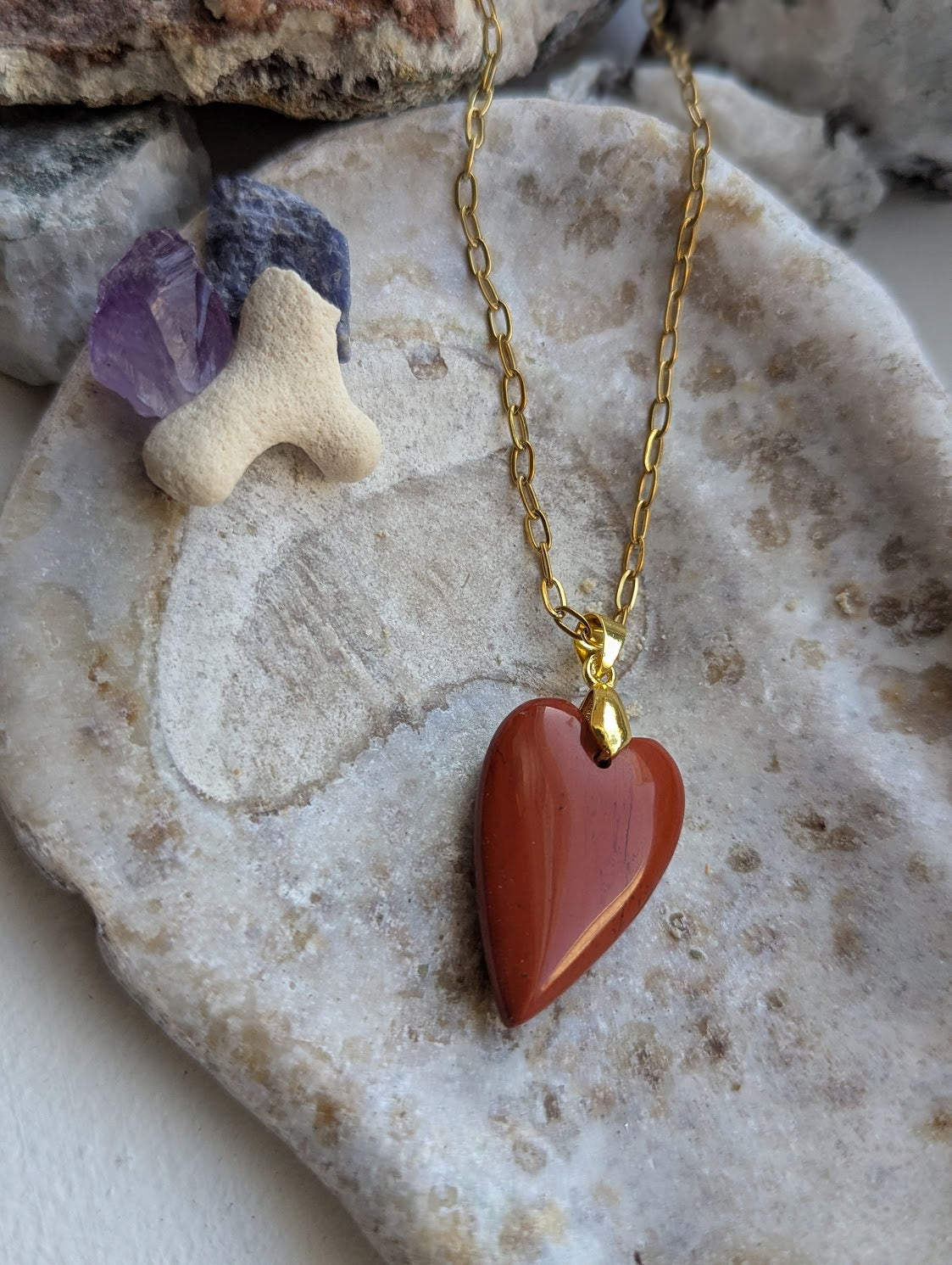 Red Jasper Heart Gold Paperclip Necklace