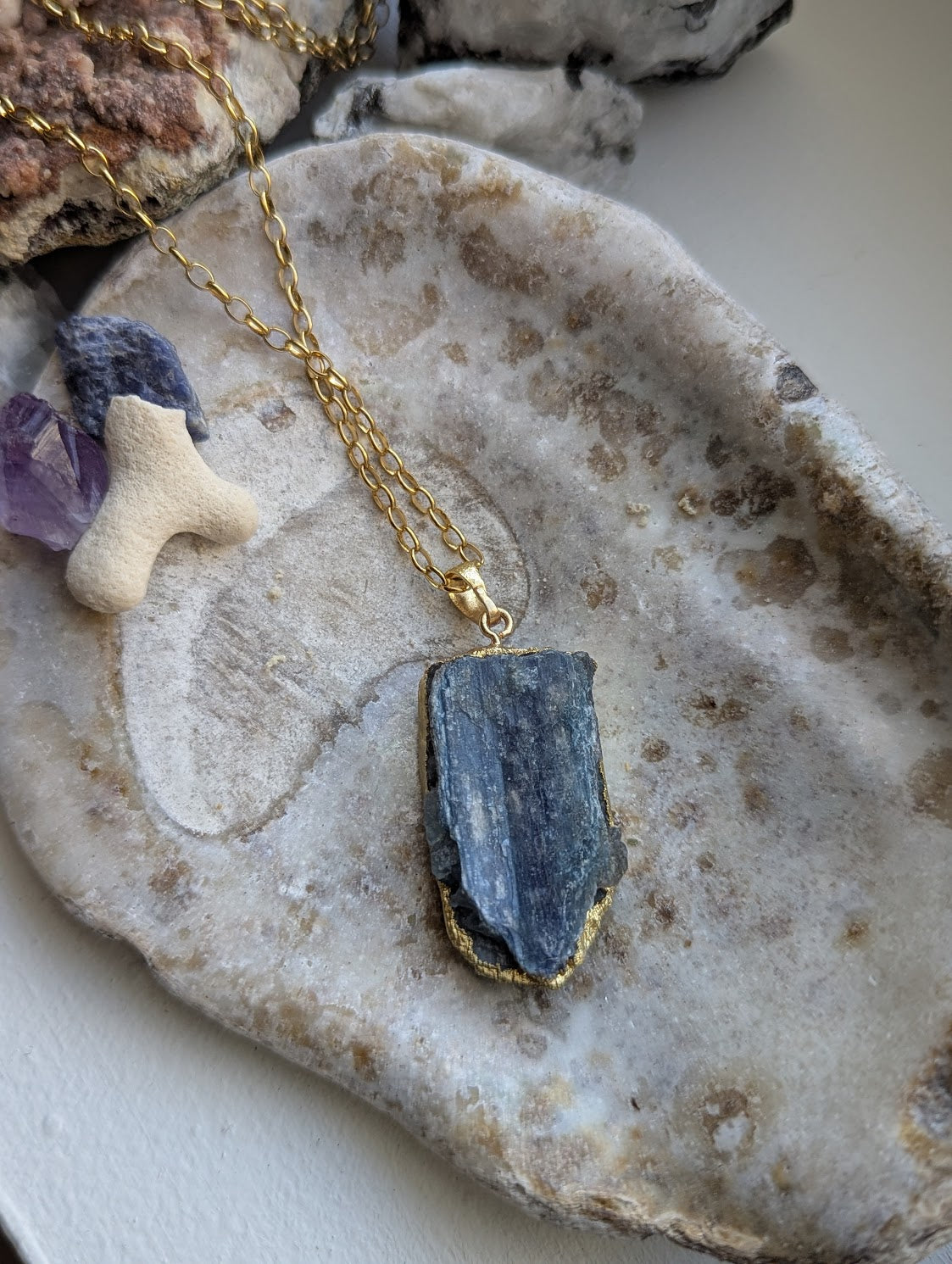 Raw Blue Kyanite Gold Stainless Long Necklace