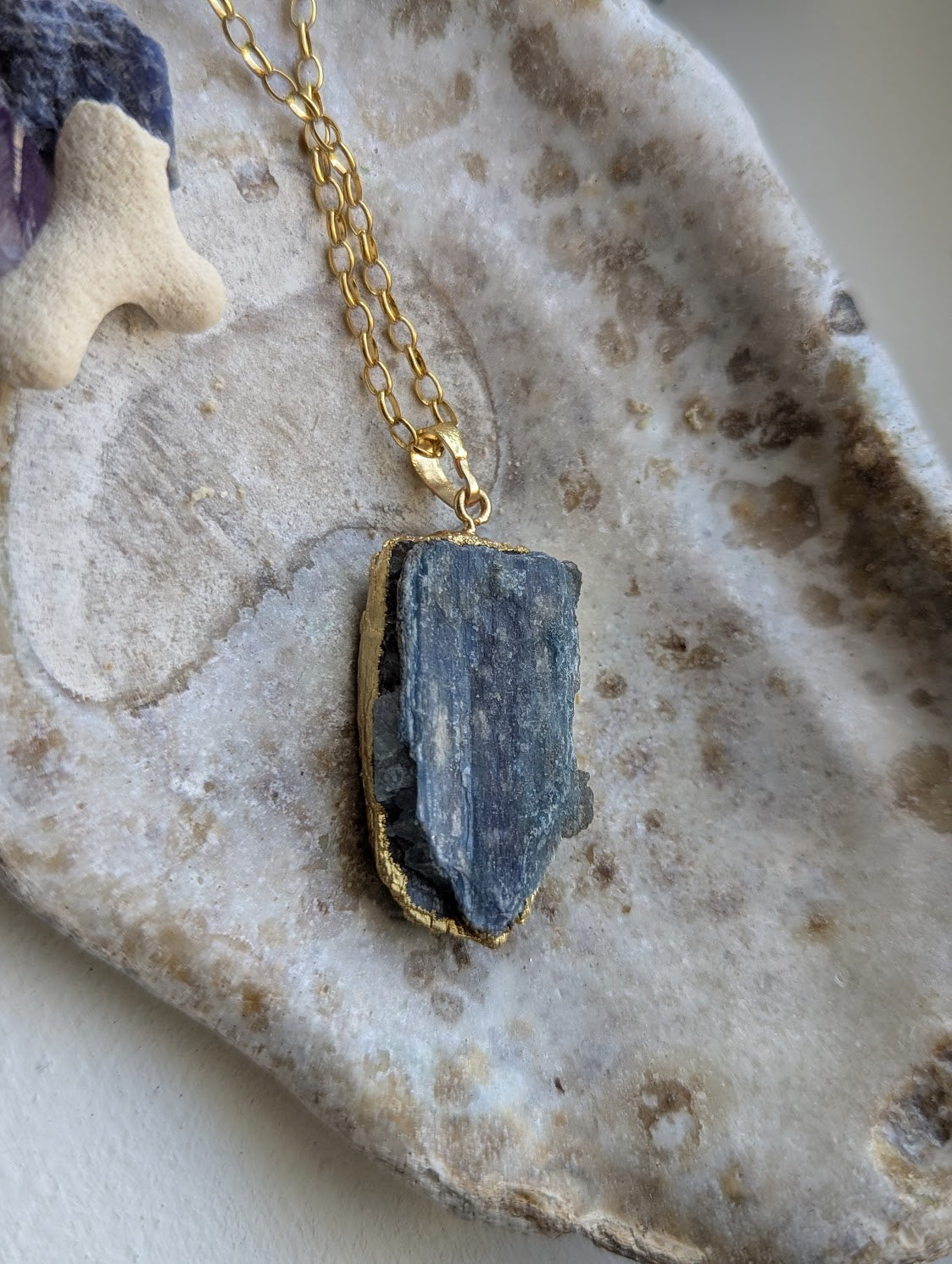 Raw Blue Kyanite Gold Stainless Long Necklace