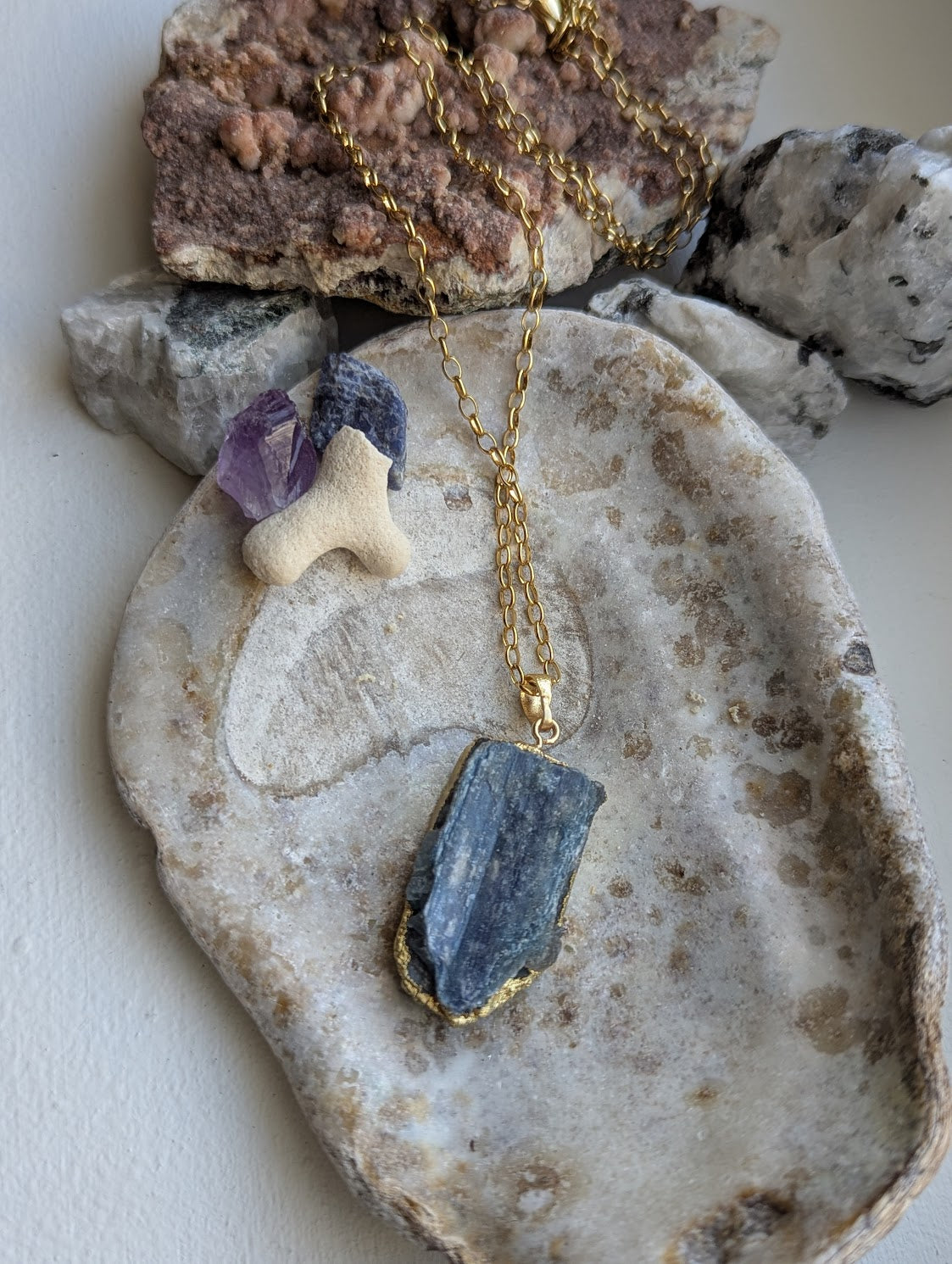 Raw Blue Kyanite Gold Stainless Long Necklace