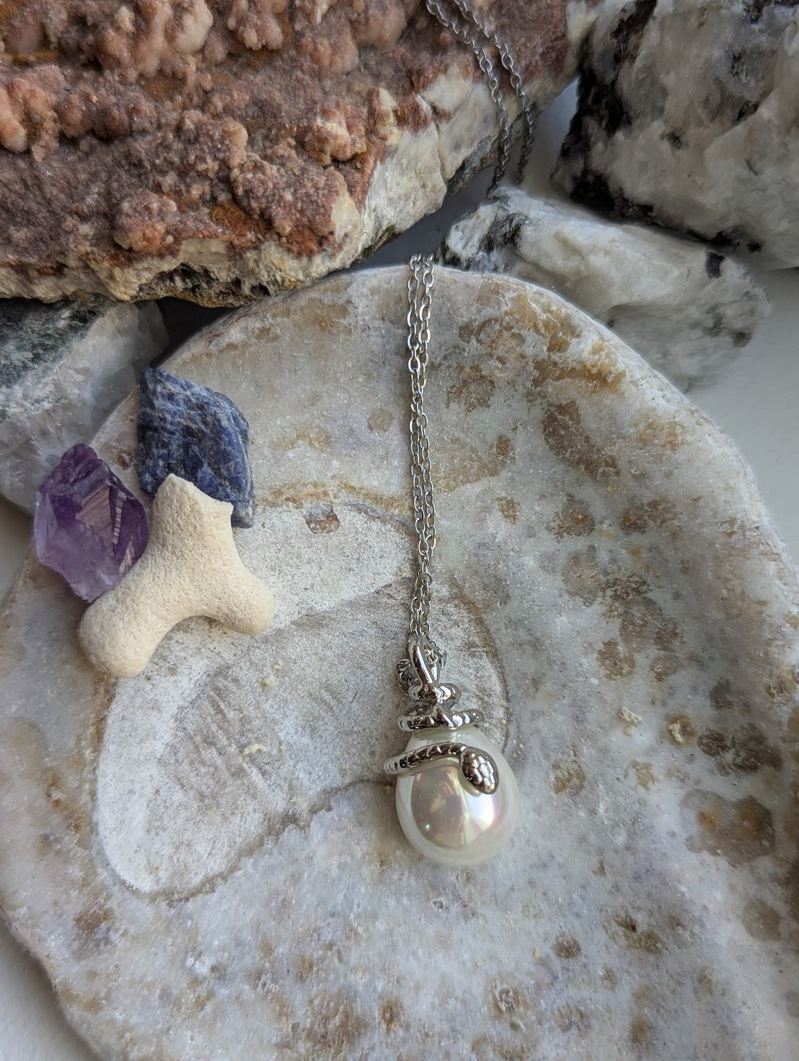 Snake Pearl Tear Drop Necklace (Silver or Gold)