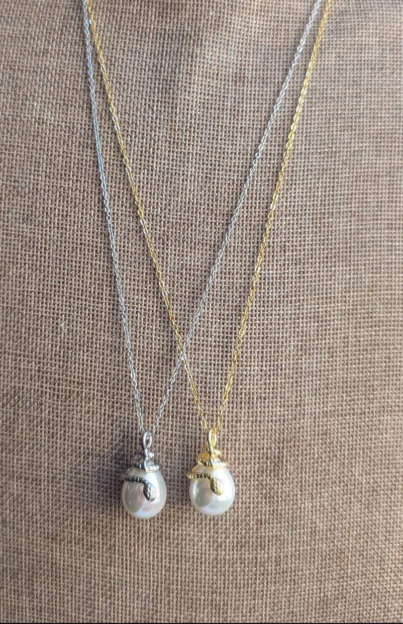 Snake Pearl Tear Drop Necklace (Silver or Gold)
