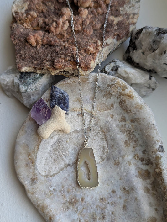 Yellow Agate Slice Silver Necklace