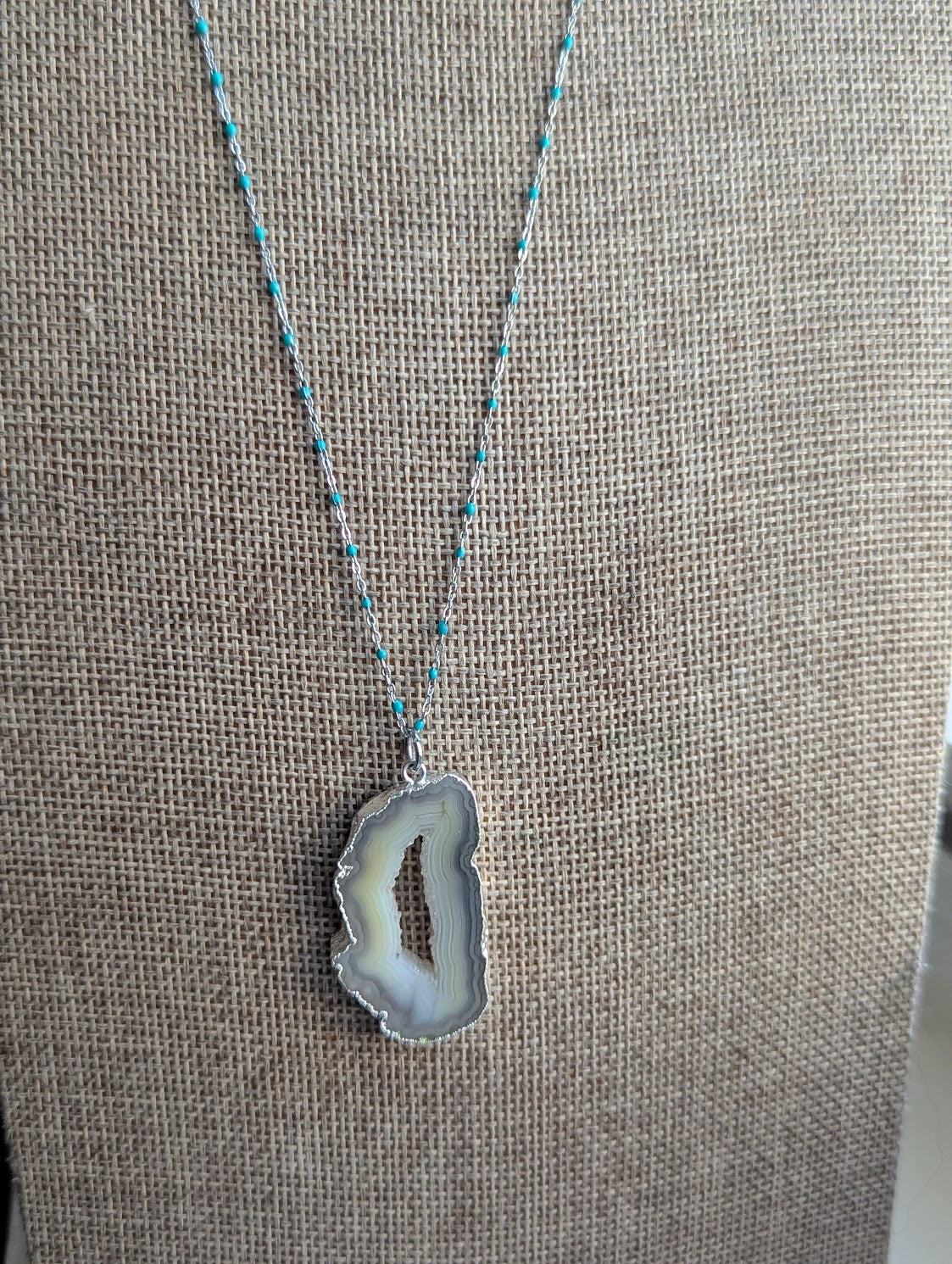 Agate Slice Turquoise Enamel Silver Chain