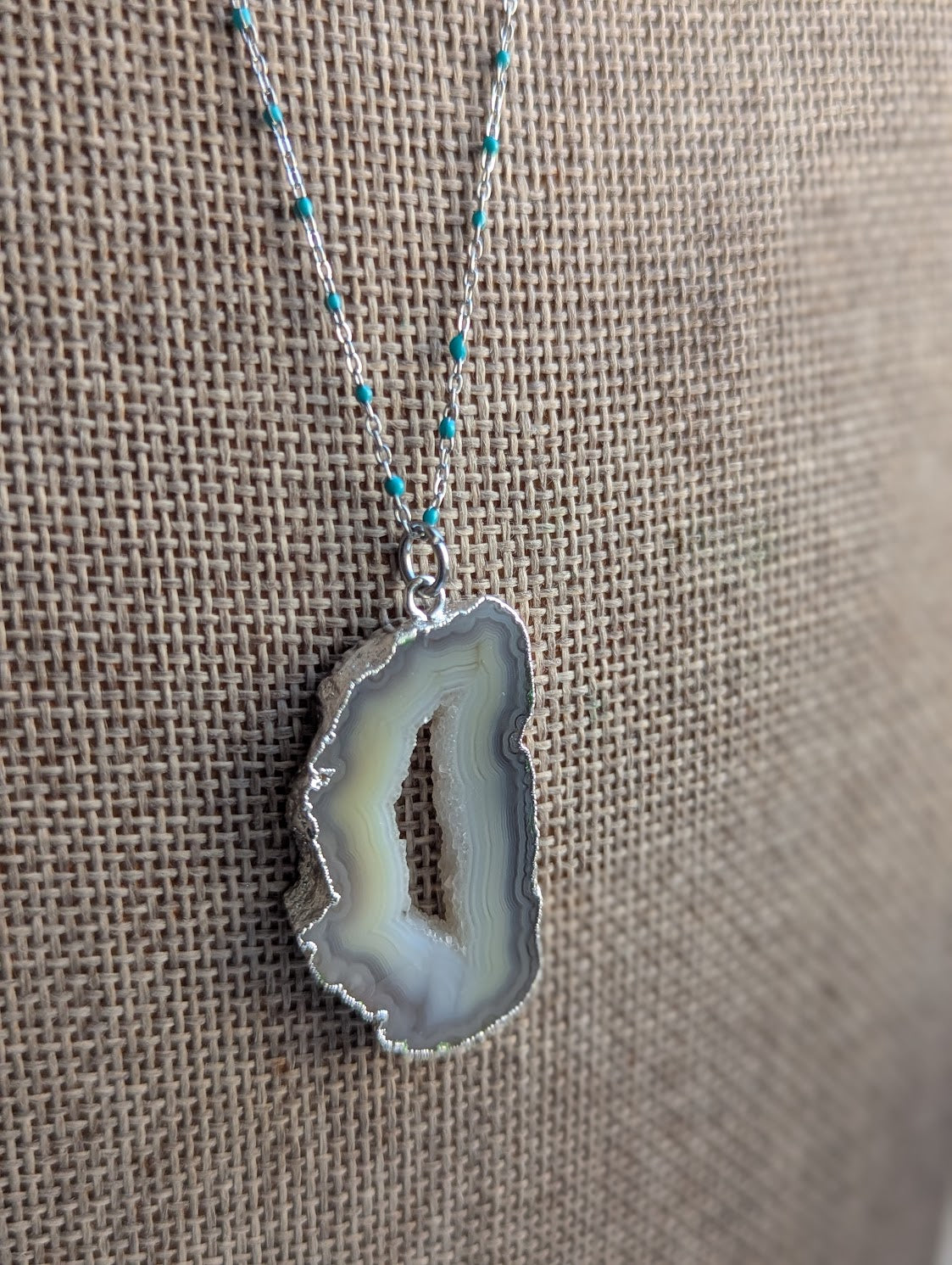Agate Slice Turquoise Enamel Silver Chain