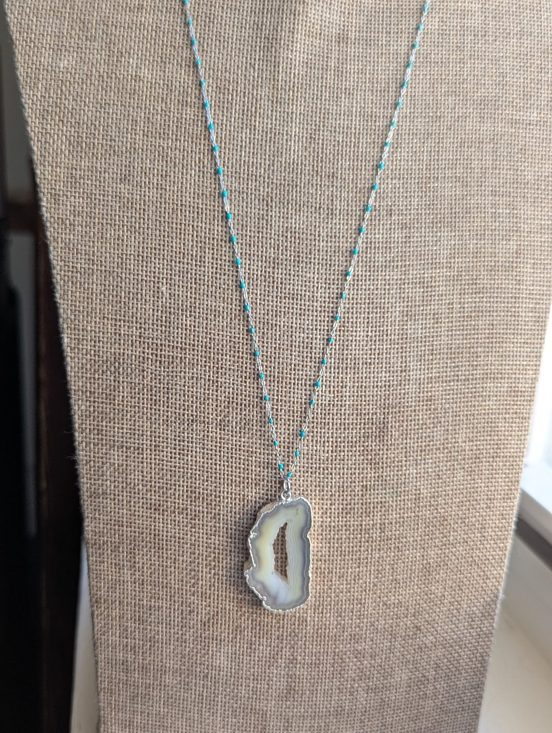 Agate Slice Turquoise Enamel Silver Chain