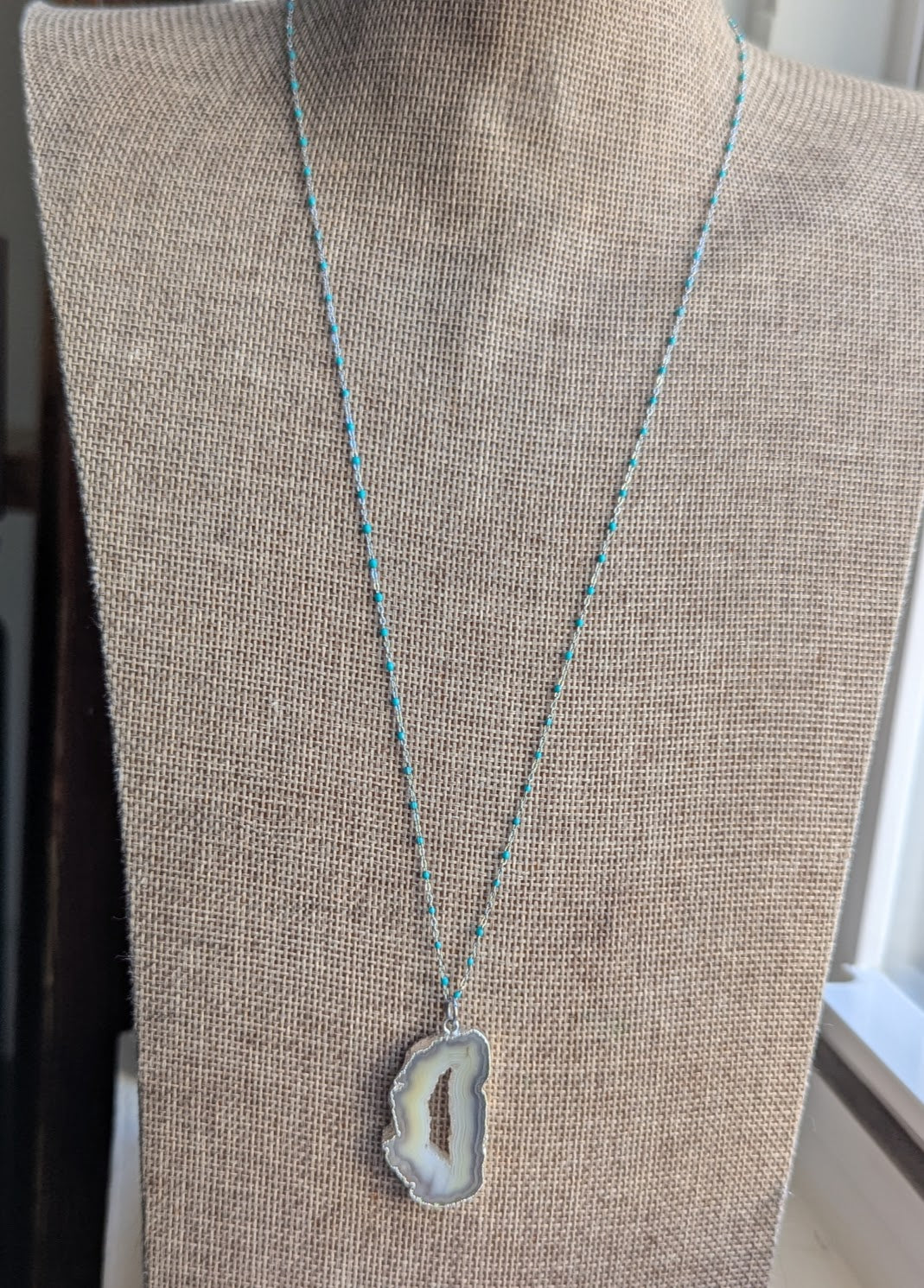 Agate Slice Turquoise Enamel Silver Chain