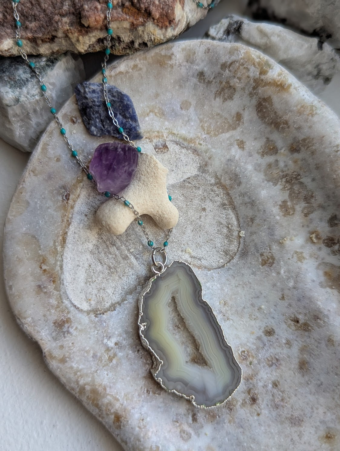 Agate Slice Turquoise Enamel Silver Chain