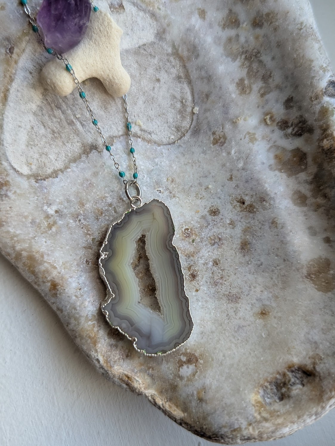 Agate Slice Turquoise Enamel Silver Chain