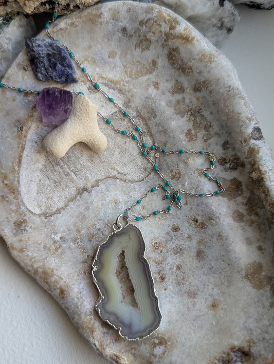 Agate Slice Turquoise Enamel Silver Chain