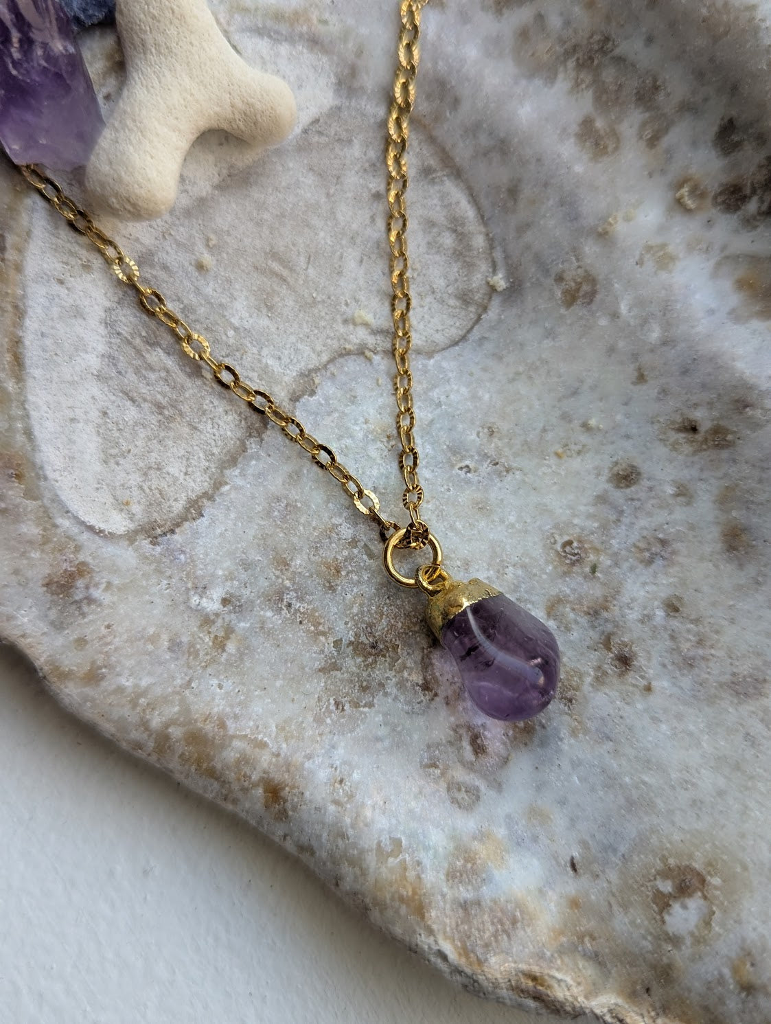 Tumbled Amethyst Gold Stainless Necklace