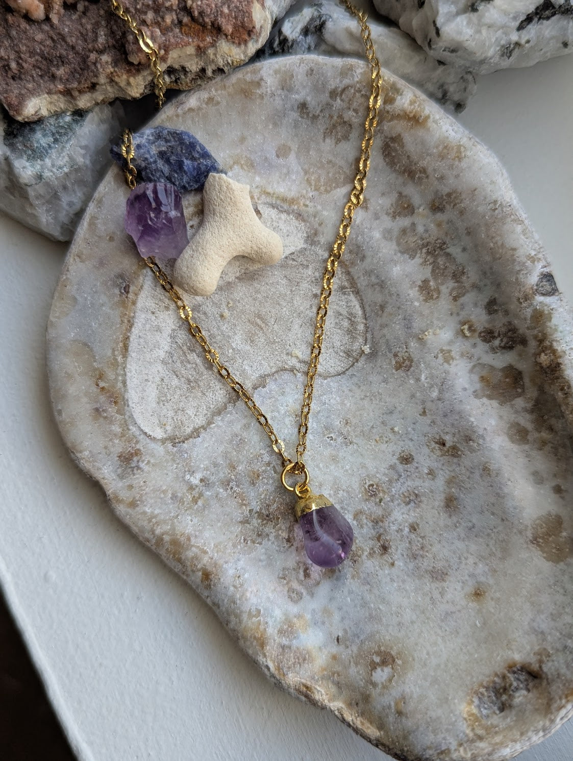 Tumbled Amethyst Gold Stainless Necklace