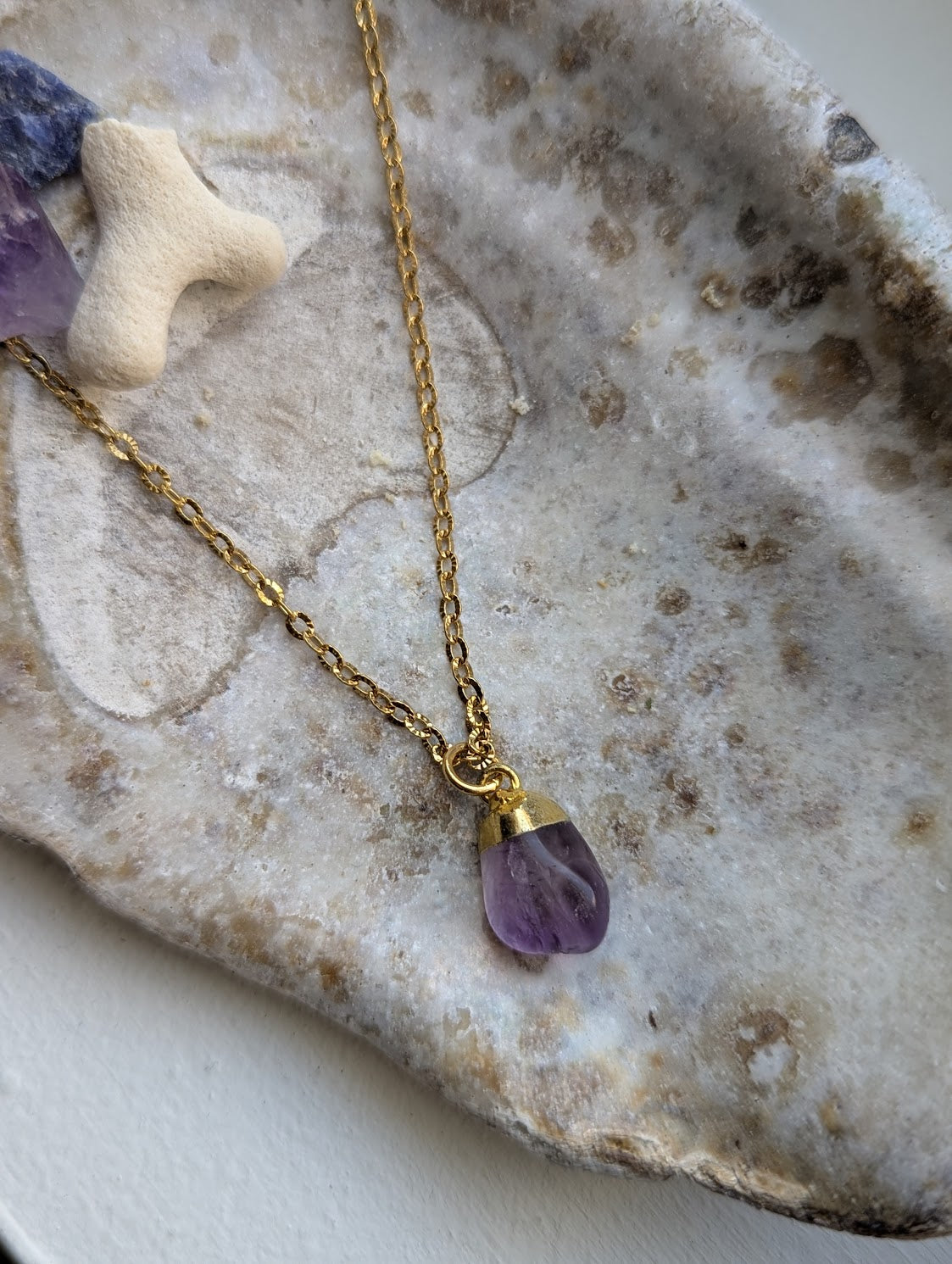 Tumbled Amethyst Gold Stainless Necklace