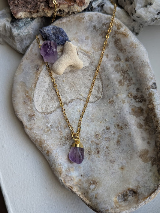 Tumbled Amethyst Gold Stainless Necklace
