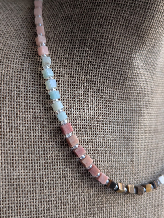 Tigers Eye, Howlite, Amazonite, Rhodonite Square Beaded Necklace