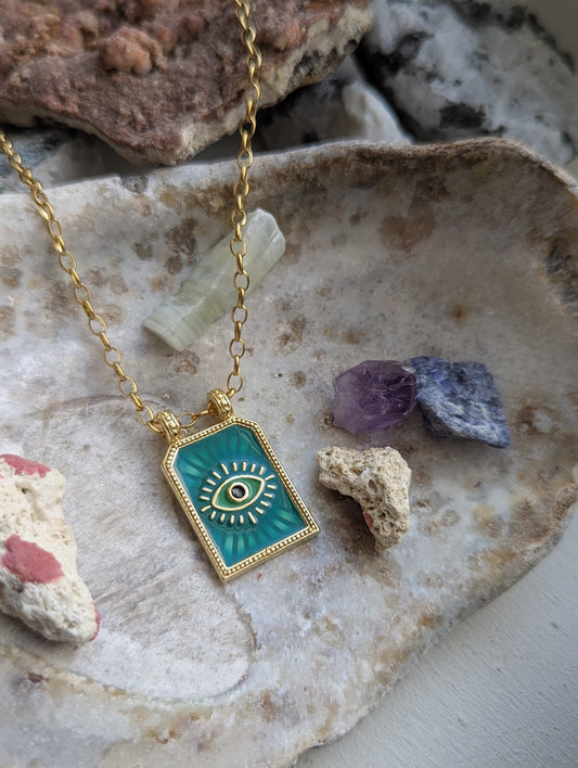 Green Tag Evil Eye Gold Necklace