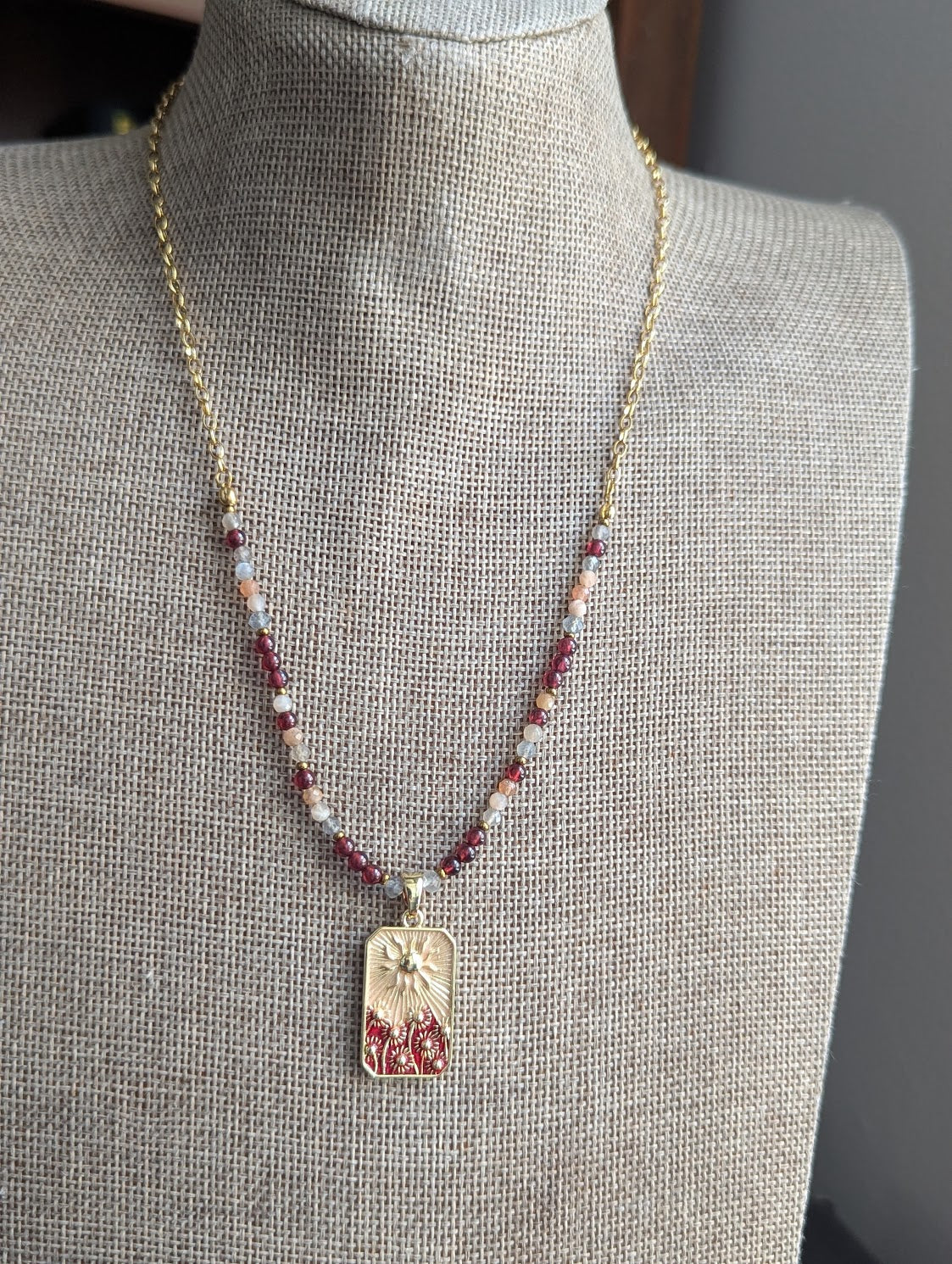 Garnet and Peach Moonstone Flower Sunshine Gold Necklace