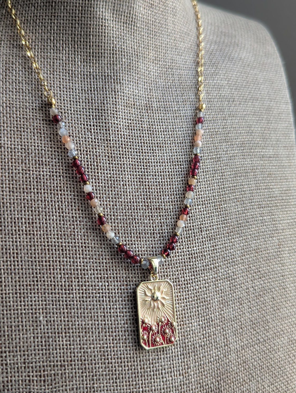 Garnet and Peach Moonstone Flower Sunshine Gold Necklace