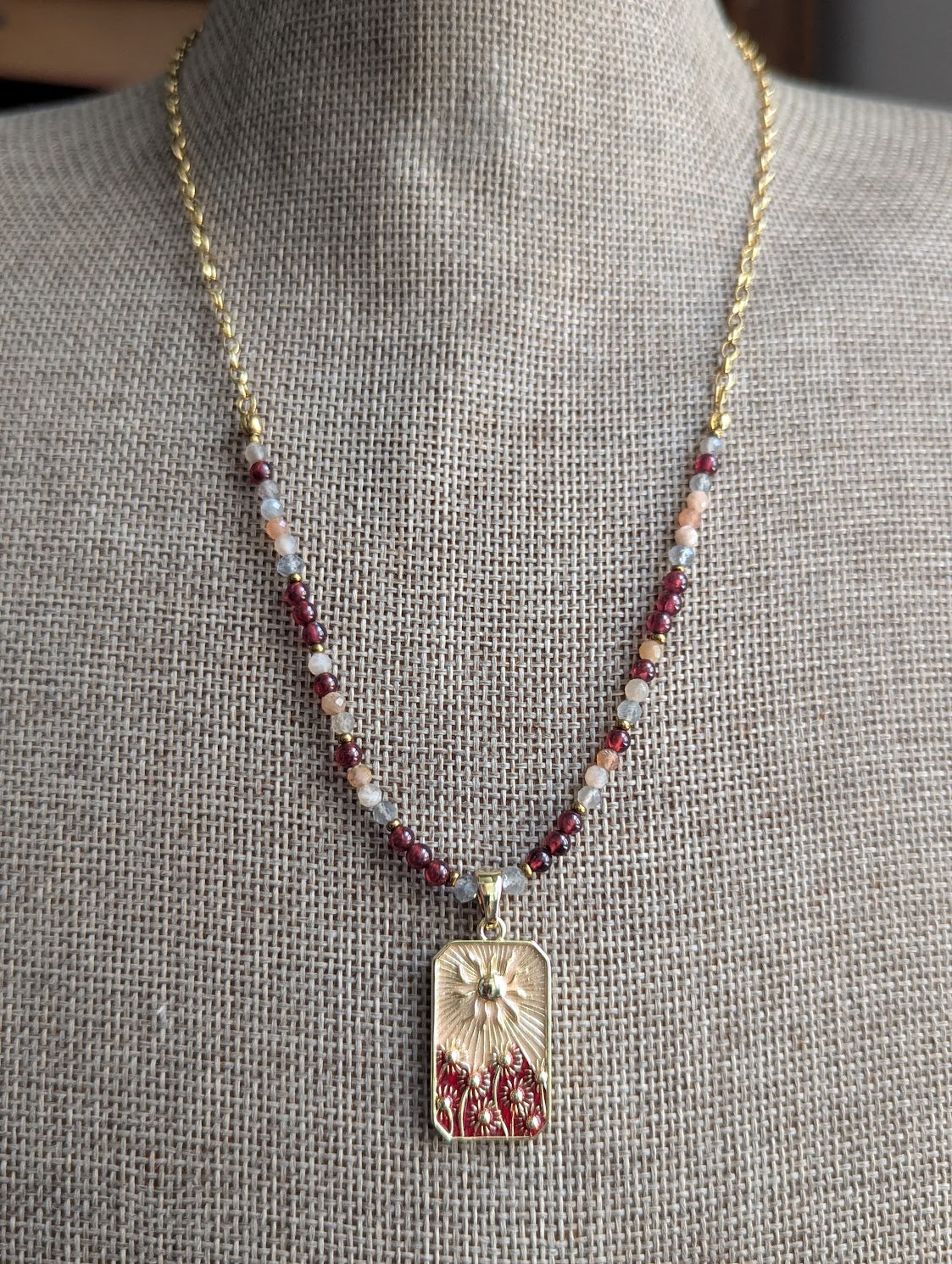 Garnet and Peach Moonstone Flower Sunshine Gold Necklace