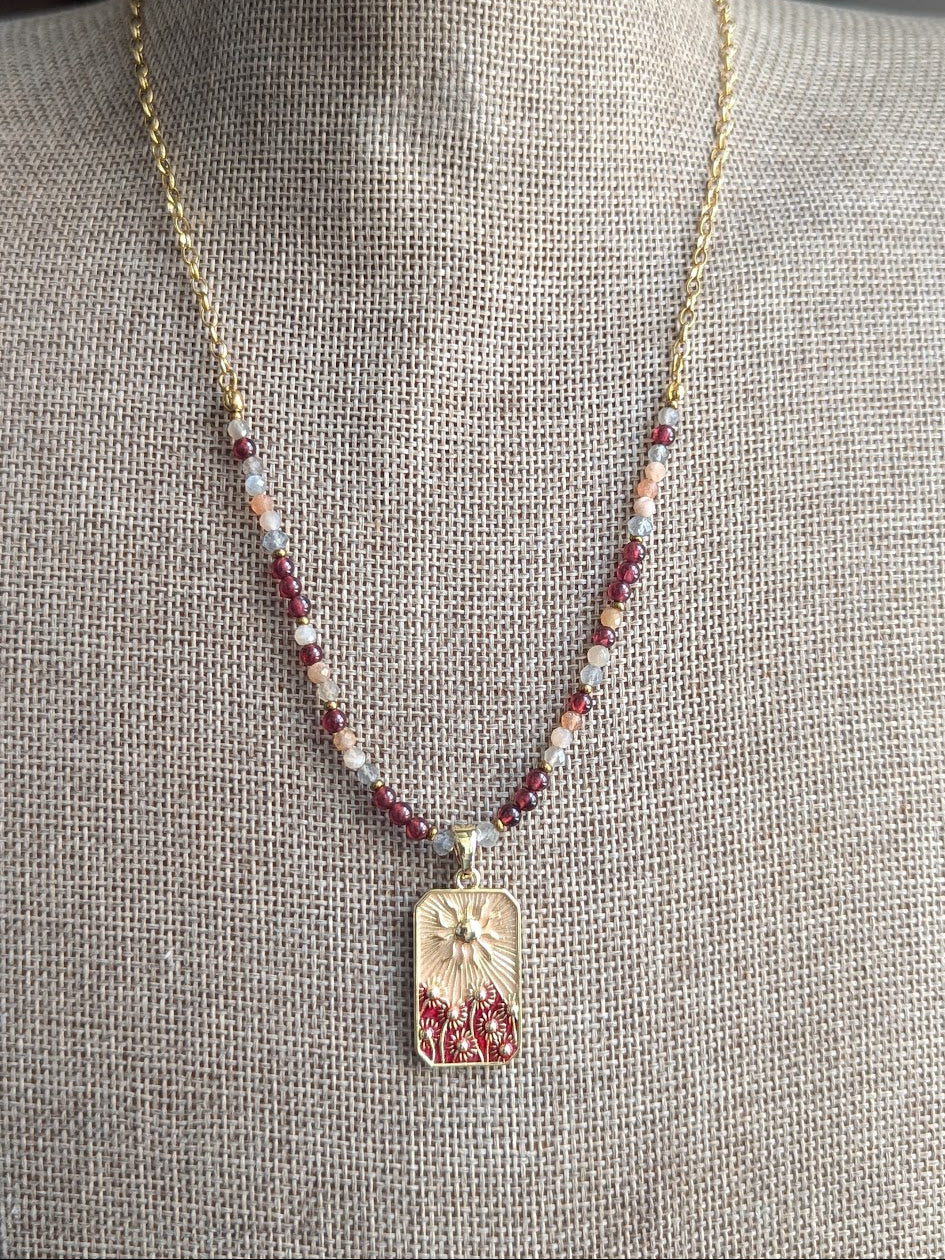 Garnet and Peach Moonstone Flower Sunshine Gold Necklace
