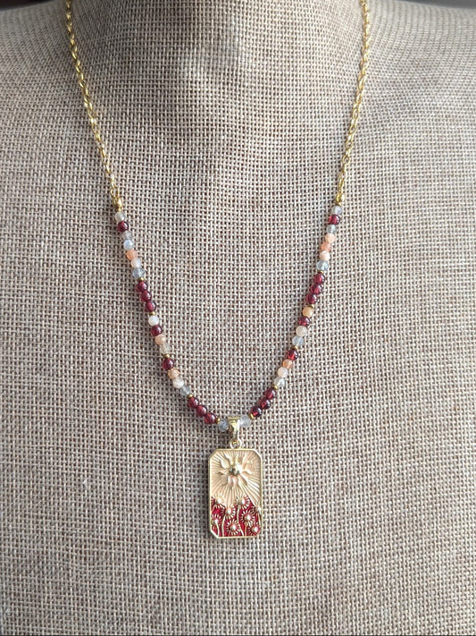 Garnet and Peach Moonstone Flower Sunshine Gold Necklace