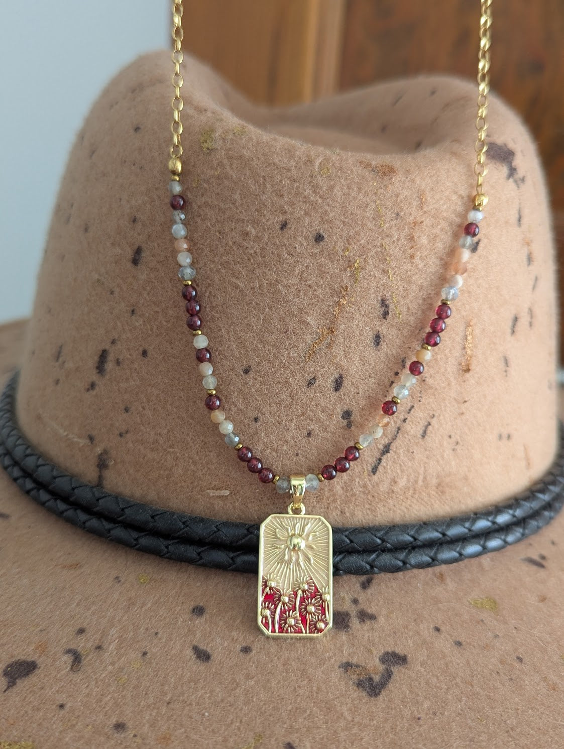 Garnet and Peach Moonstone Flower Sunshine Gold Necklace