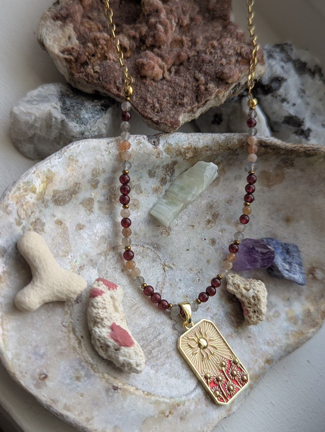 Garnet and Peach Moonstone Flower Sunshine Gold Necklace