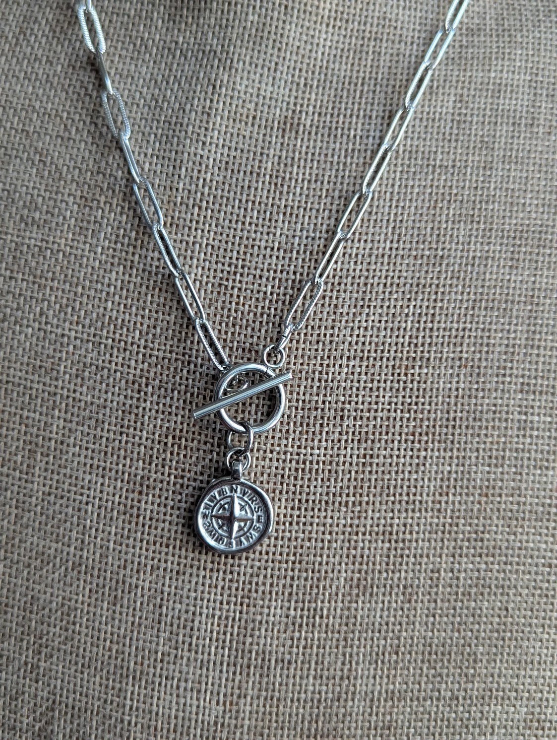 Compass Pendant Toggle Clasp on Silver Paper Clip Chain