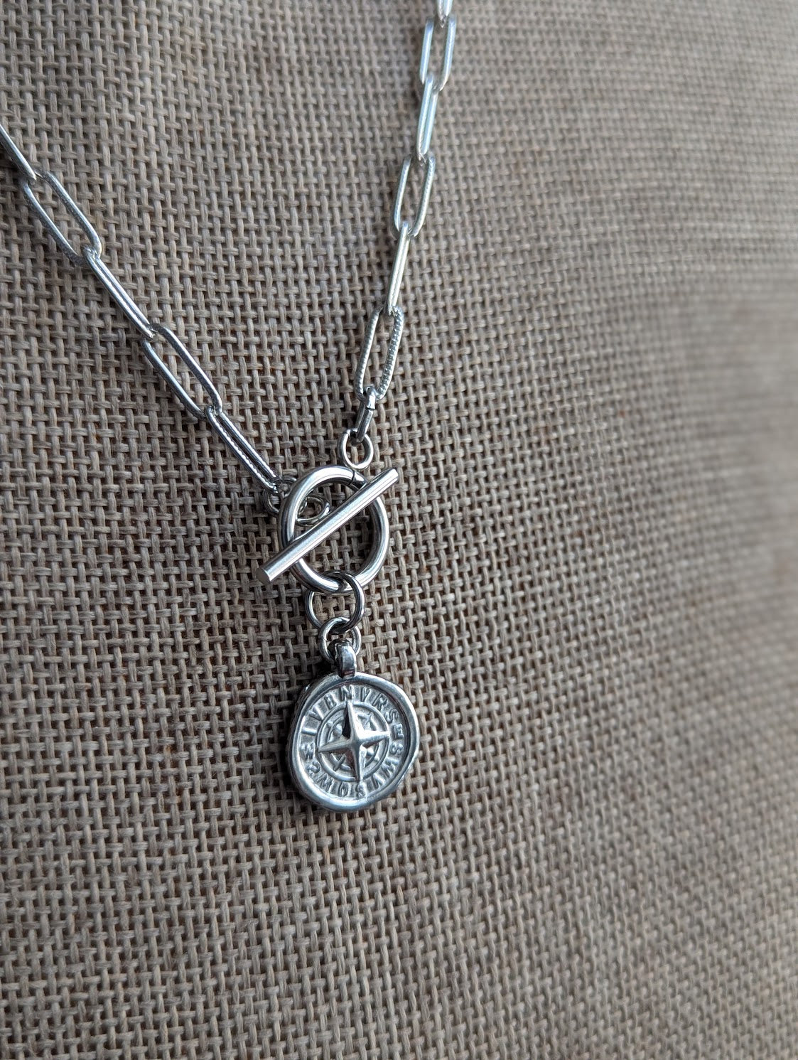 Compass Pendant Toggle Clasp on Silver Paper Clip Chain