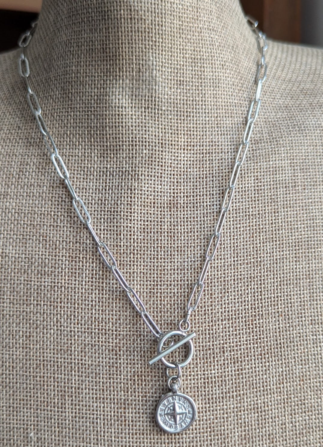 Compass Pendant Toggle Clasp on Silver Paper Clip Chain